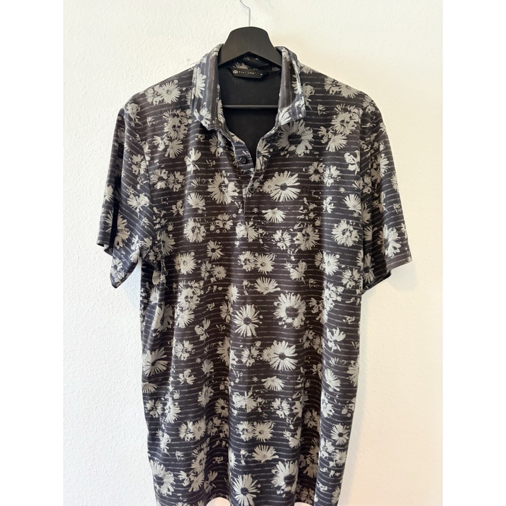 TravisMathew Men's Polo Shirt Size XL Black Gray Floral Print Performance Golf